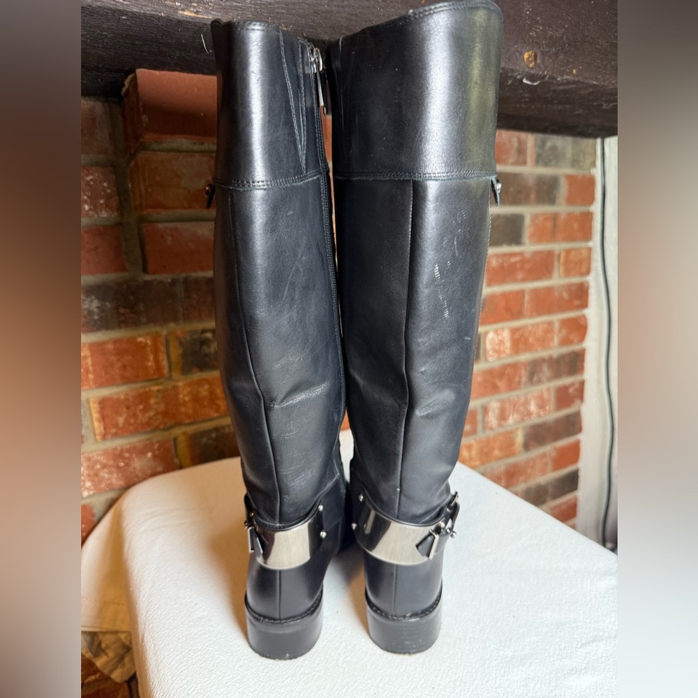 Edgy Vince Camuto Riding Boot Blk Leather & Suede Biker Riding Knee High MOTO - Picture 4 of 13